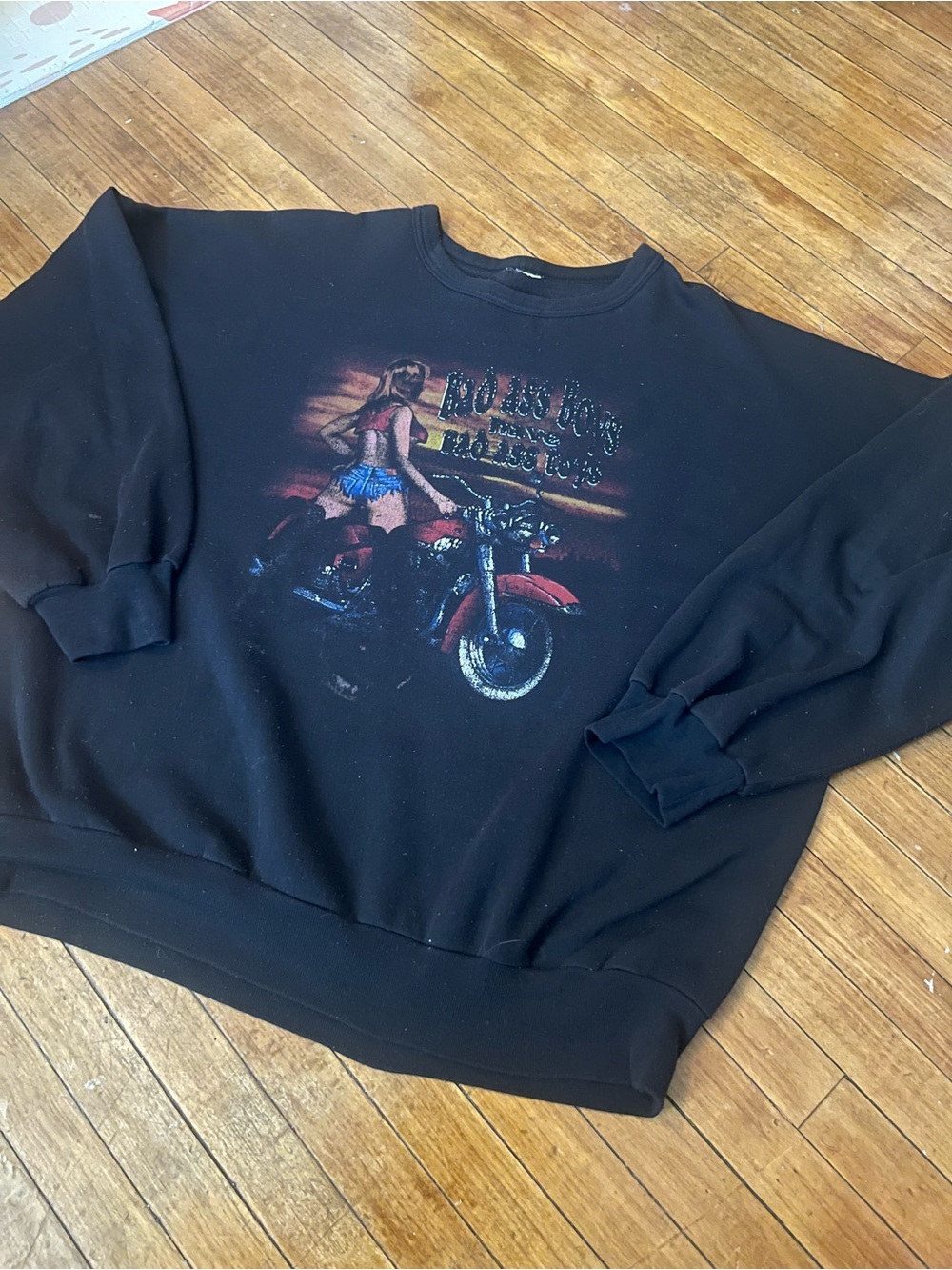 Vintage 80s Pinup Biker Sweatshirt 3D Emblem Style Large Faded
